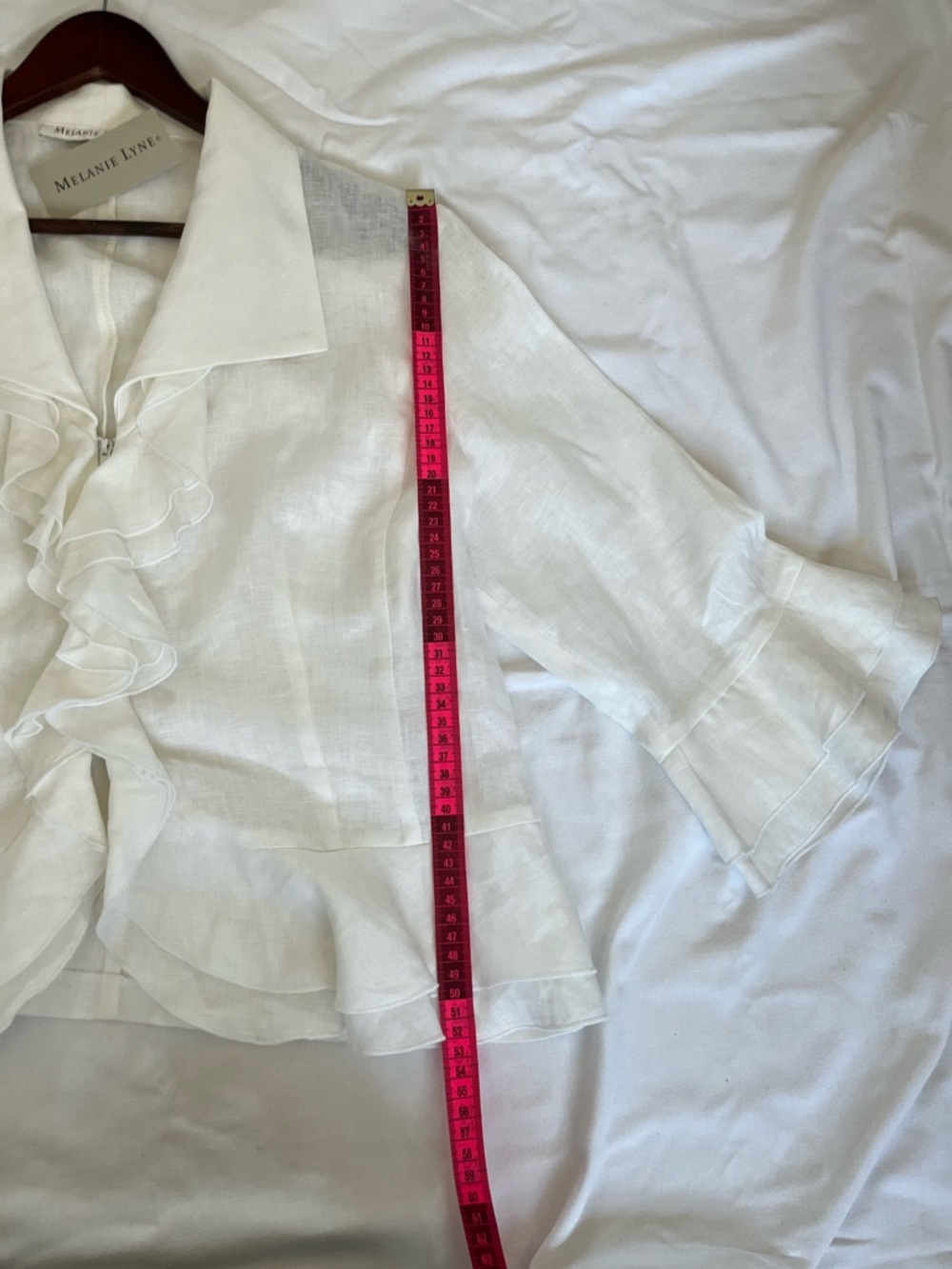 NWT Melanie Lyne 100% Linen Ruffle Jacket | White | Waterfall Front | Bell Cuff - Picture 9 of 9